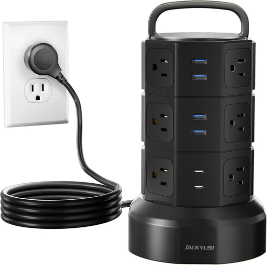 Power Strip Tower Surge Protector,  1625W 13A Outlet Surge Electric Tower, 12 Outlets 6 USB Ports Charging Station with 16AWG 6.5Ft Heavy Duty Extension Cord for Home Office Dorm Black